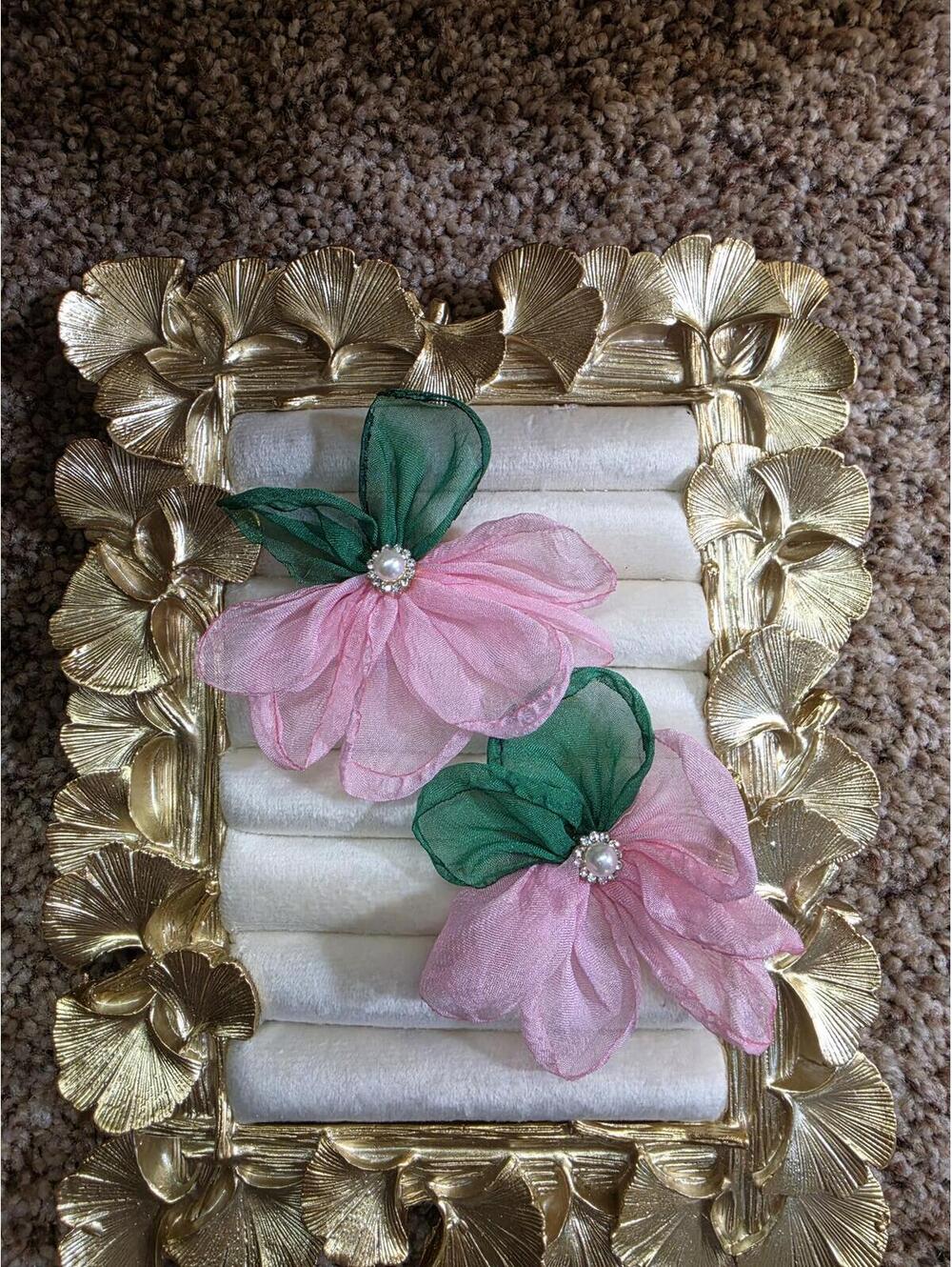 Pink and Green Fabric Flower Statement Earrings